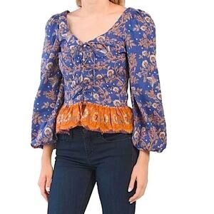 House of Harlow 1960 Lace Up Corset Peasant Blouse Nastassia Blue Size XS